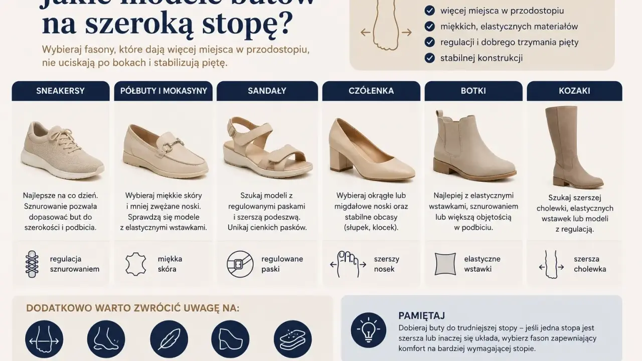 Rodzaje butów na szeroką stopę: sneakersy, półbuty, sandały, czółenka, botki i kozaki. Wybieraj modele z miejscem na palce i elastycznymi materiałami.