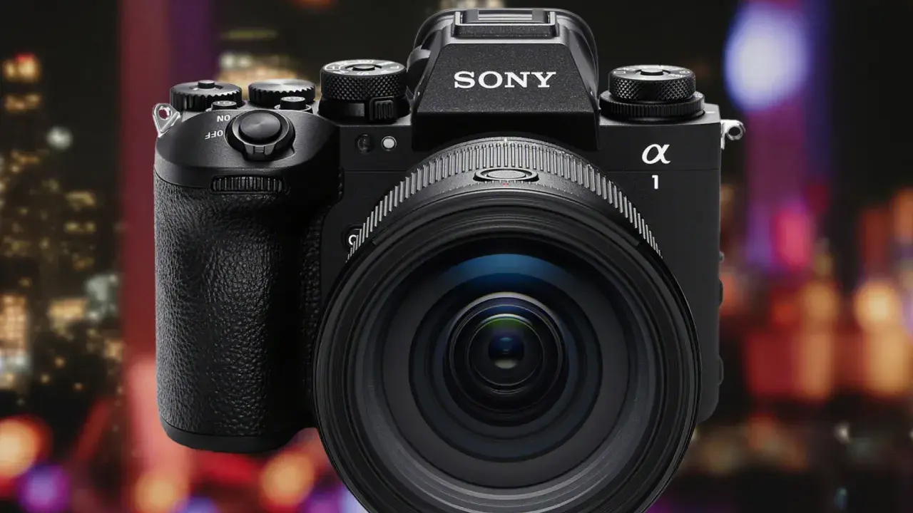 Profesjonalny aparat Sony A1 II z obiektywem na tle rozmazanych świateł miasta.