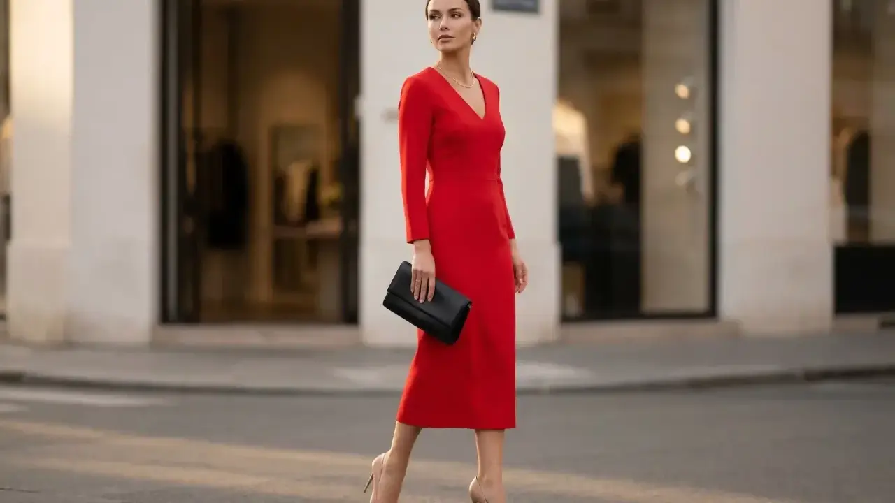 Elegancka kobieta w czerwonej sukience i cielistych szpilkach, niosąca czarną kopertówkę. Idealne buty do czerwonej sukienki na wieczorne wyjście.