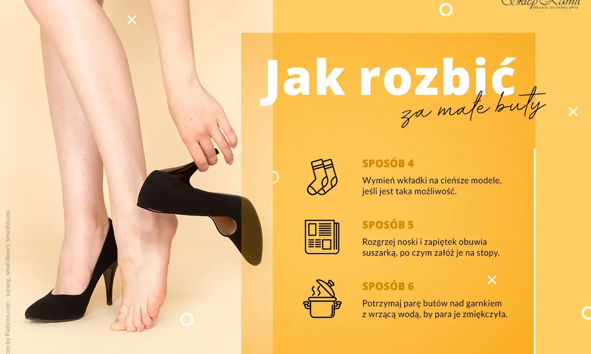 Kobieta pokazuje, jak poszerzyć buty. Na ekranie widnieje napis "Jak rozbić za małe buty" oraz metody rozciągania obuwia.