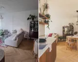Jasne, oto propozycja:

Nowoczesna fotografia wnętrz: przytulny salon z kanapą, stolikiem kawowym i dywanem, obok jadalnia z drewnianym stołem i krzesłami.