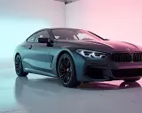 Elegancka, ciemna coupe BMW z podświetlanymi światłami, prezentowana na profesjonalnej fotografii samochodowej.