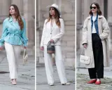 Eleganckie stylizacje na komunię ze spodniami: błękitny żakiet, biały garnitur i beżowy trencz z czarnymi spodniami.