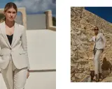 Kobieta w beżowym lnianym garniturze, idealnym przykładzie jak modnie się ubrać. Stylizacja na lato, podkreślająca elegancję.