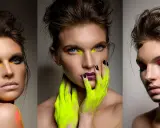 Trzy portrety beauty z odważnym makijażem: neonowy żółty, czarny i różowy.