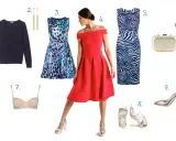 Szukasz co na wesele zamiast sukienki? Zobacz propozycje: czerwona sukienka off-shoulder, sukienka w panterkę, sukienka w zeberkę, złota kopertówka, srebrne sandałki i szpilki.