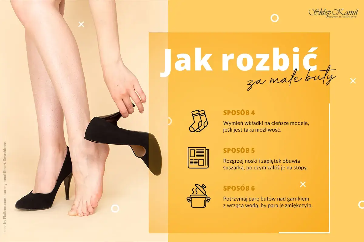 Kobieta pokazuje, jak poszerzyć buty. Na ekranie widnieje napis "Jak rozbić za małe buty" oraz metody rozciągania obuwia.