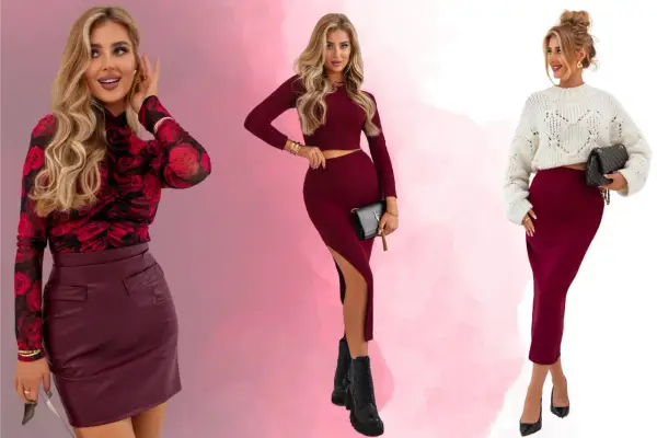 Trzy kobiety prezentują stylizacje w odcieniach burgundowego koloru. Jedna w bluzce w róże i skórzanej spódniczce, druga w dopasowanym komplecie, trzecia w białym swetrze i ołówkowej spódnicy.