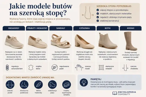 Rodzaje butów na szeroką stopę: sneakersy, półbuty, sandały, czółenka, botki i kozaki. Wybieraj modele z miejscem na palce i elastycznymi materiałami.