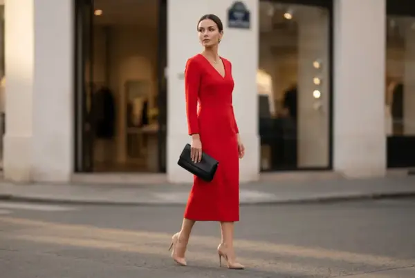Elegancka kobieta w czerwonej sukience i cielistych szpilkach, niosąca czarną kopertówkę. Idealne buty do czerwonej sukienki na wieczorne wyjście.