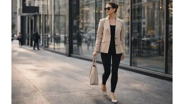 Elegancka kobieta w beżowych legginsach i marynarce idzie ulicą. Stylowe beżowe legginsy idealnie komponują się z resztą stroju.