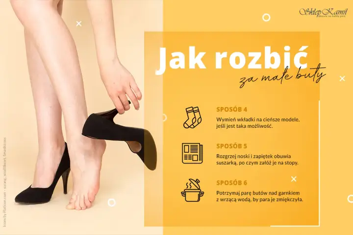 Kobieta pokazuje, jak poszerzyć buty. Na ekranie widnieje napis "Jak rozbić za małe buty" oraz metody rozciągania obuwia.